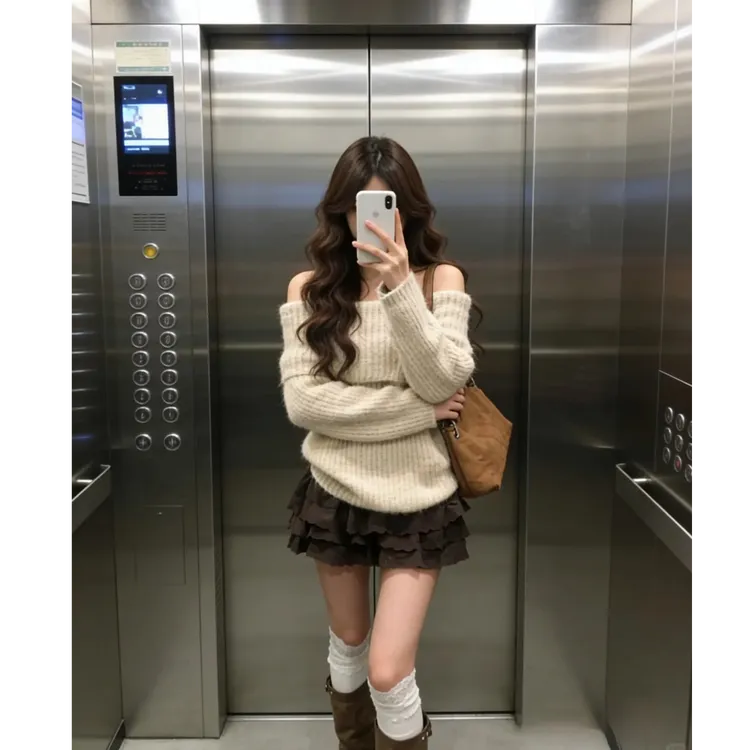 韩系慵懒风一字露肩针织衫毛衣女冬季新款慵懒宽松显瘦设计感上衣