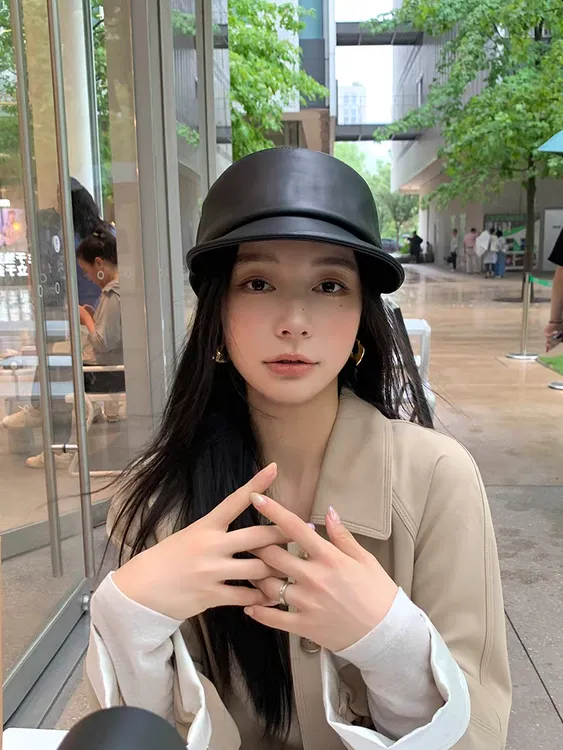 2025新款真皮绵羊皮秋冬新款帽子女英伦画家帽时尚休闲复古马术帽