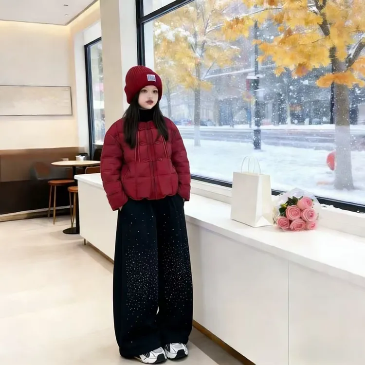 女童亮钻加绒阔腿裤女孩冬装红色棉衣套装大童冬季一体绒阔腿裤子