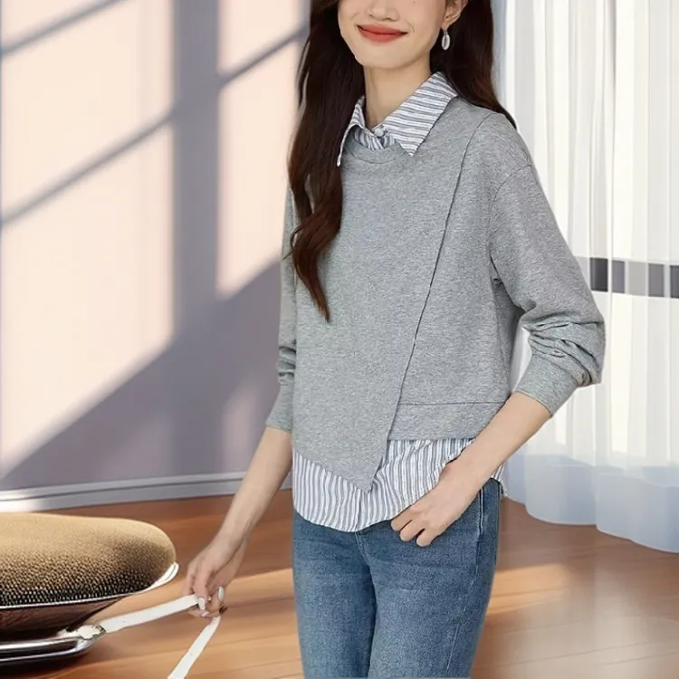 【雅岚女装】时尚洋气显瘦时尚条纹拼接假两件卫衣女春秋季新款百搭