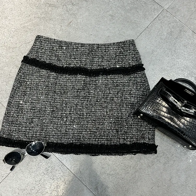 XIAOBAI半身裙轻职风灰色小香风女装高腰短裙