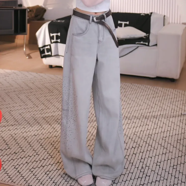 新款烫钻加绒拼接牛仔直筒裤美式街头长裤LK2508808