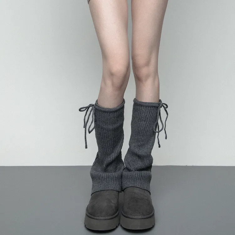 WCH秋冬纯色绑带蝴蝶结微喇叭针织堆堆袜套雪地靴腿套叠穿小腿袜