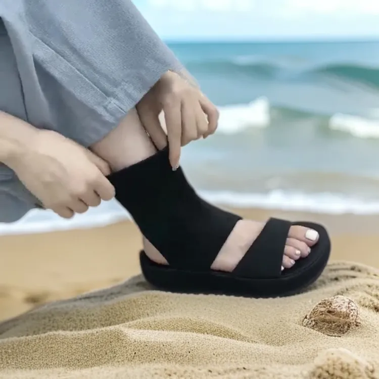 防水台韩版弹力靴夏季袜靴露趾秋季高帮百搭圆头舒适时尚休闲短靴