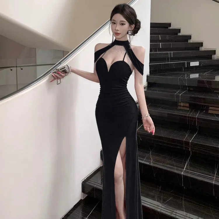高端轻奢流苏链低胸连衣裙心机性感高腰开叉显瘦包臀鱼尾礼服长裙