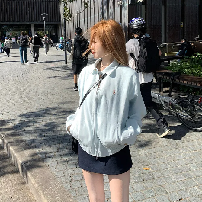 轻氧系baby蓝薄款外套女2025秋冬新款慵懒松弛感刺绣宽松显瘦夹克
