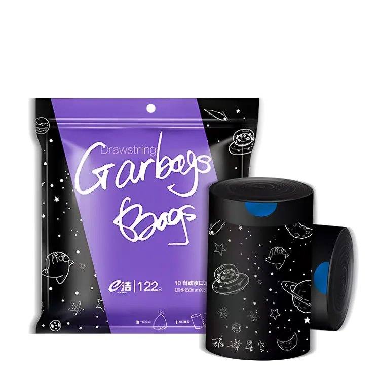 e洁卡通垃圾袋手提式加厚加大家用厨房一次性黑色特厚抽绳塑料袋