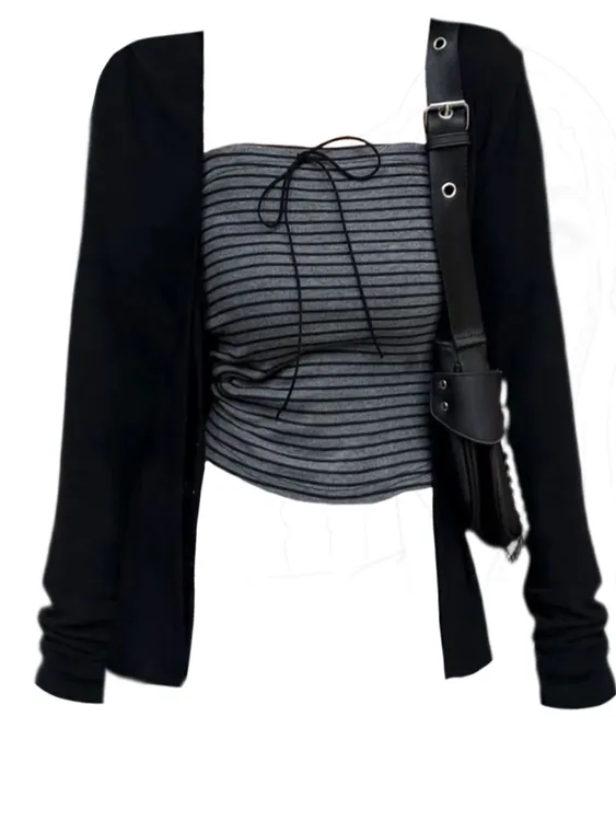 S-4XL大码胖妹妹甜辣妹绑带设计防晒短款小开衫条纹抹胸叠穿套装