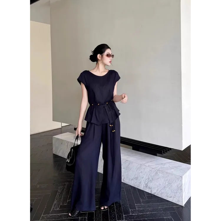 夏季新款冰丝短袖系带上衣阔腿裤两件套大码胖mm薄款时尚休闲套装