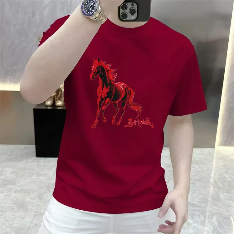 2026马年爆款纯棉骏马印花短袖T恤男士本命年红色高级感体恤上衣