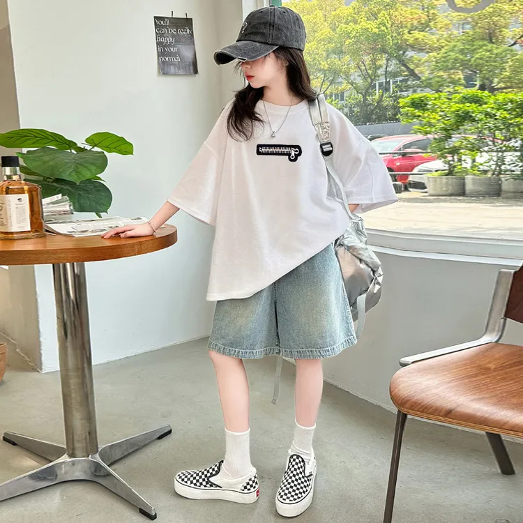 宽松纯色女大童短袖夏季T恤时尚外穿五分百搭夏装童装休闲女童