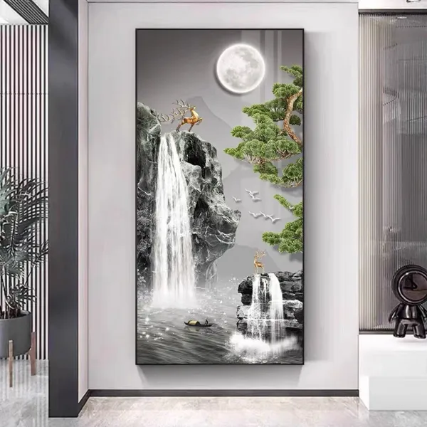 新中式迎客松大气高档轻奢风带灯装饰画现代入户玄关画走廊灯光画