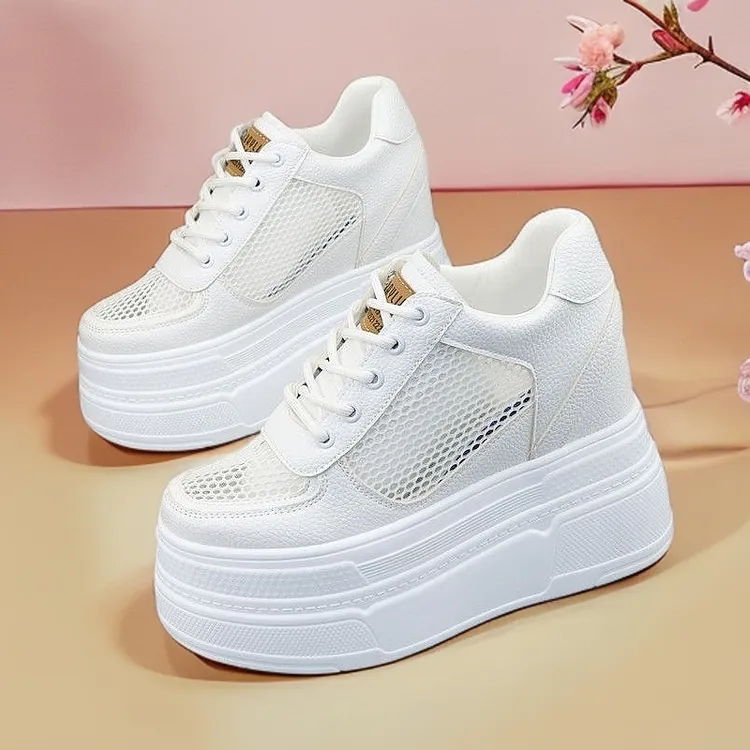 超高跟10cm夏季新款2025女网面透气内增高12cm百搭休闲时尚小白鞋