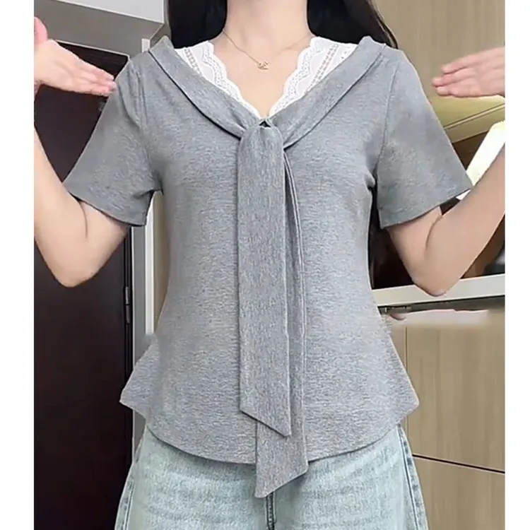 纯棉短袖绑带辣妹风蕾丝拼接V领t恤女夏季修身遮肉简约风美式上衣