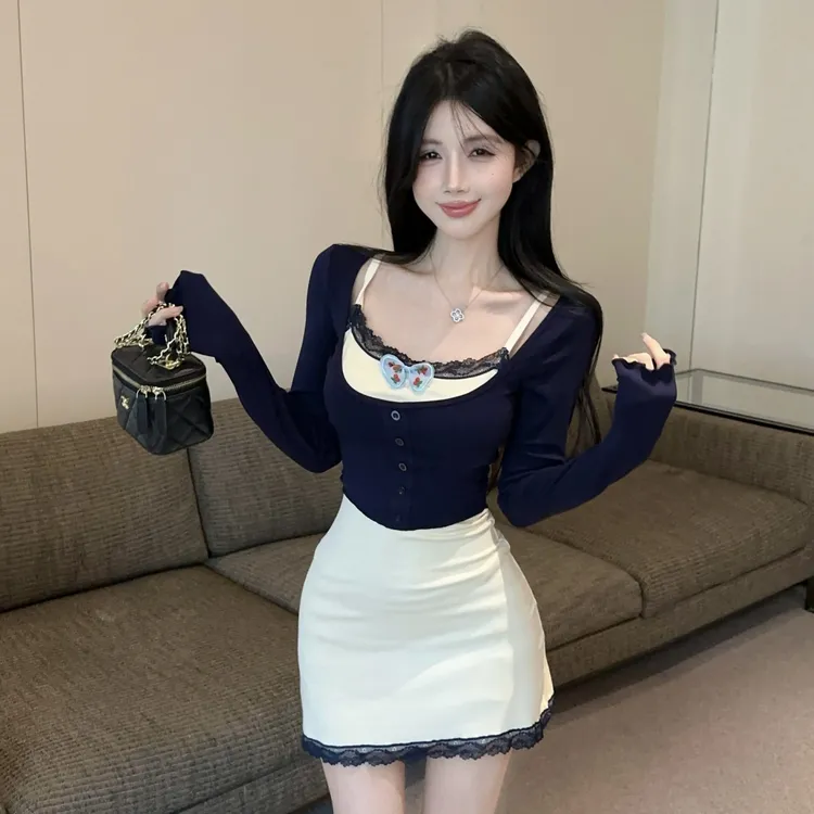 性感纯欲收腰紧身长袖假两件修身时尚一字肩短款包臀连衣裙女