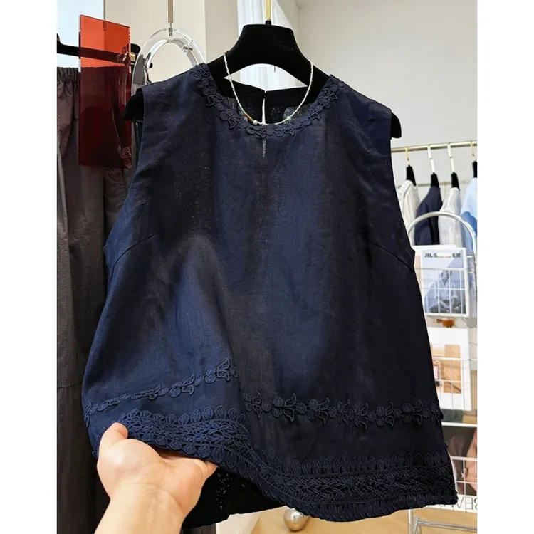 韩系高级感轻奢蕾丝花边刺绣无袖苎麻小衫女夏外穿马甲无袖上衣薄