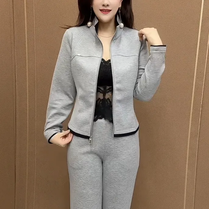 春秋款拉链开衫妈妈装套装2025新款宽松休闲百搭中老年女装两件套