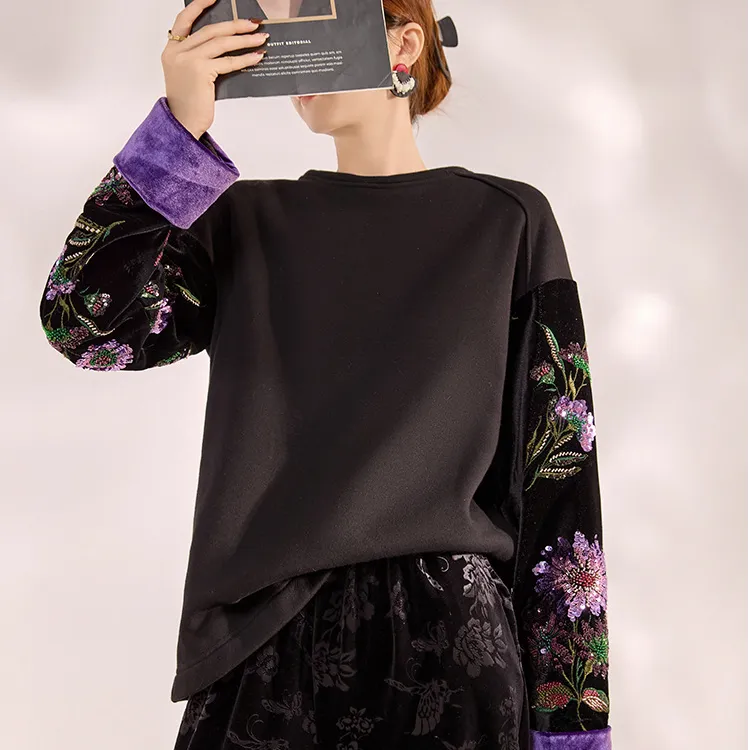 【紫棠】刺绣圆领新中式女秋冬套头款打底卫衣上衣拼接复古百搭宽松