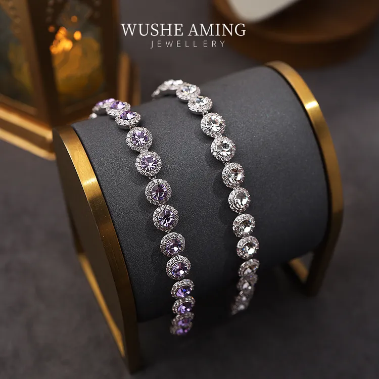 铜合金锆石手链 WUSHE法式银色紫色男女通用女轻奢气质韩版手链