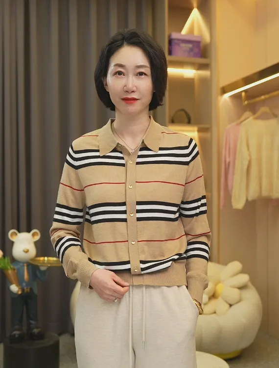 九【精纺羊毛】百搭螺纹翻领开衫针织衫衬衣PY6013