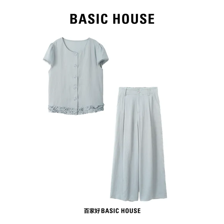 Basic House/百家好2025夏季新款轻奢蕾丝花边短袖套装D412 XY