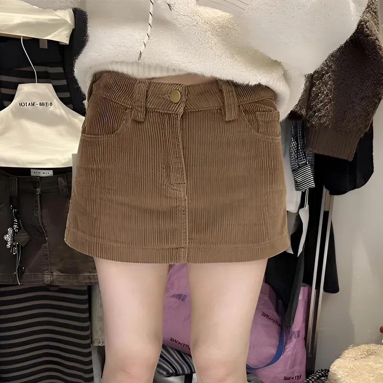 韩系高级感简约高腰显瘦A字灯芯绒半身裙女秋冬辣妹风坑条短裙子