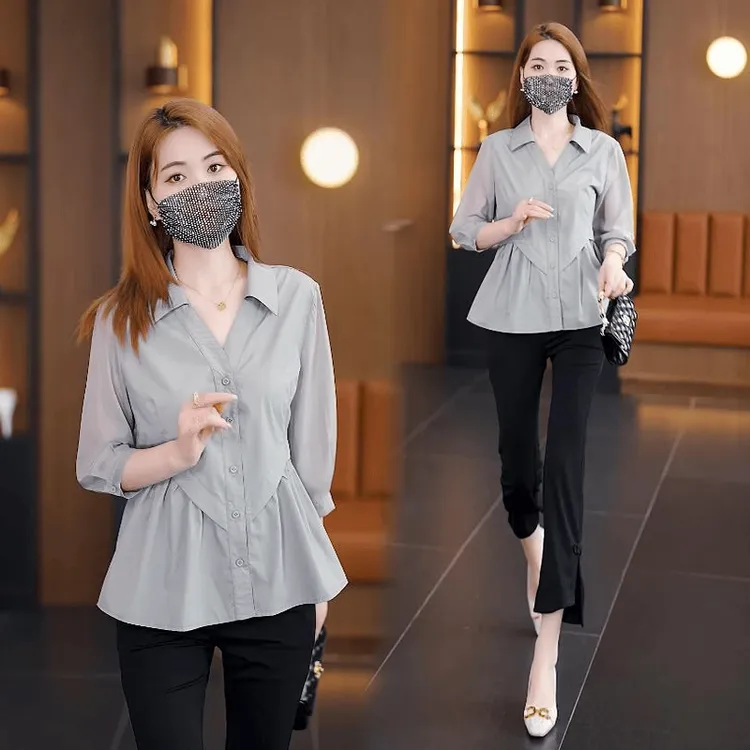 时尚七分袖衬衫女2025夏季新款洋气质遮肚子显瘦拼接裙摆衬衣上衣