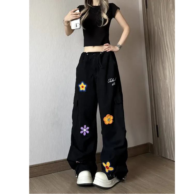 美式街舞刺绣兰花工装裤男女2025春季新款小众设计感显瘦黑色直筒