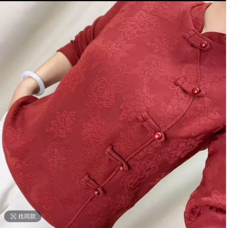 提花加绒国风盘扣女士加厚保暖小衫百搭洋气时尚5盘扣