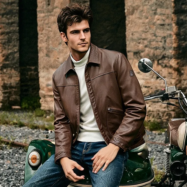 MCS修身皮衣美式休闲羽绒牛皮革翻领皮夹克男外套冬款CW25WJ754M