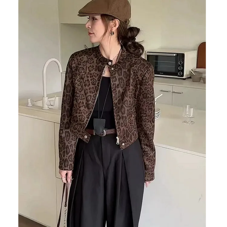 欧货2025秋季新款复古豹纹外套女秋季短款设计感气质百搭夹克上衣