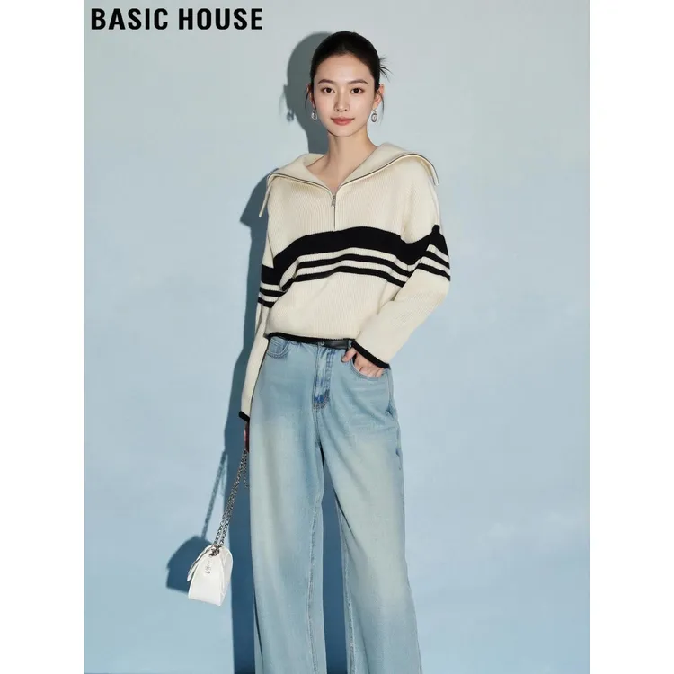 Basic House/百家好设计感翻领半拉链毛衣外套女2026秋季条纹卫衣