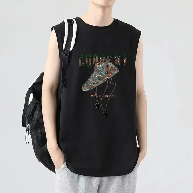 仓石一树潮牌夏季无袖背心青年休闲运动圆领坎肩轻奢百搭烫钻T恤