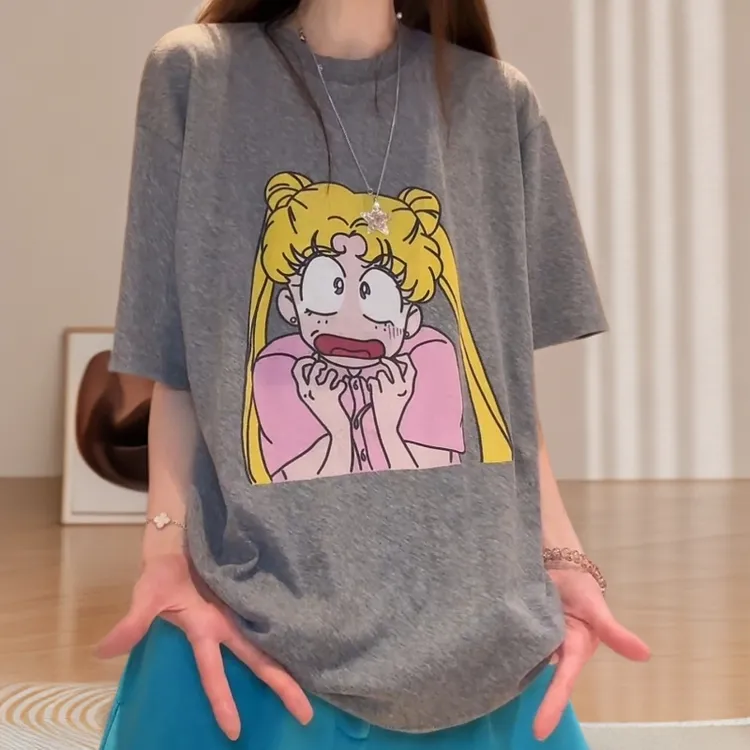 2025夏季新款卡通印花正肩宽松圆领短袖美式休闲减龄T恤LK2505177
