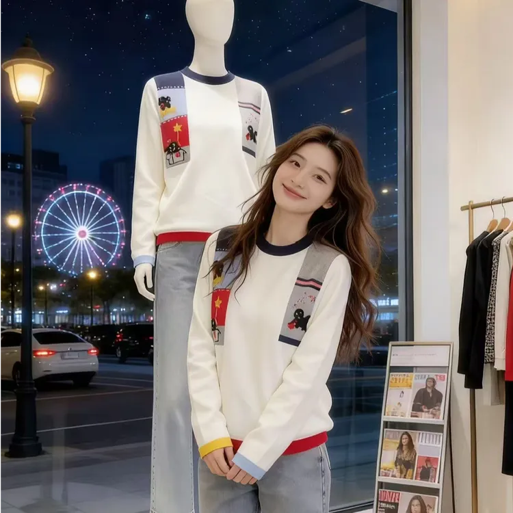 拼接卫衣女小众设计感撞色冬季加绒加厚2025新款时尚圆领套头上衣