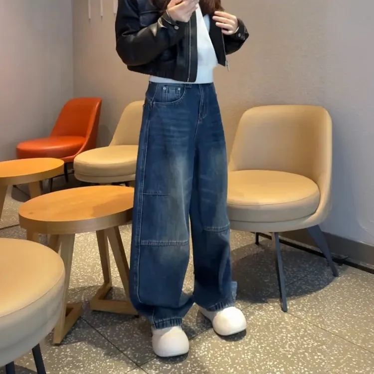 秋冬季加绒保暖美式高街阔腿牛仔裤女大码胖mm高腰宽松显瘦弯刀裤