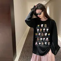 港风ins长袖卡通kt印花潮牌百搭t恤上衣洋气女装男女款圆领打底衫