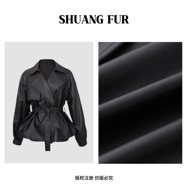 【莎千墨专属】巴宝家意大利绵羊皮收腰翻领经典小蛮腰真皮外套3201