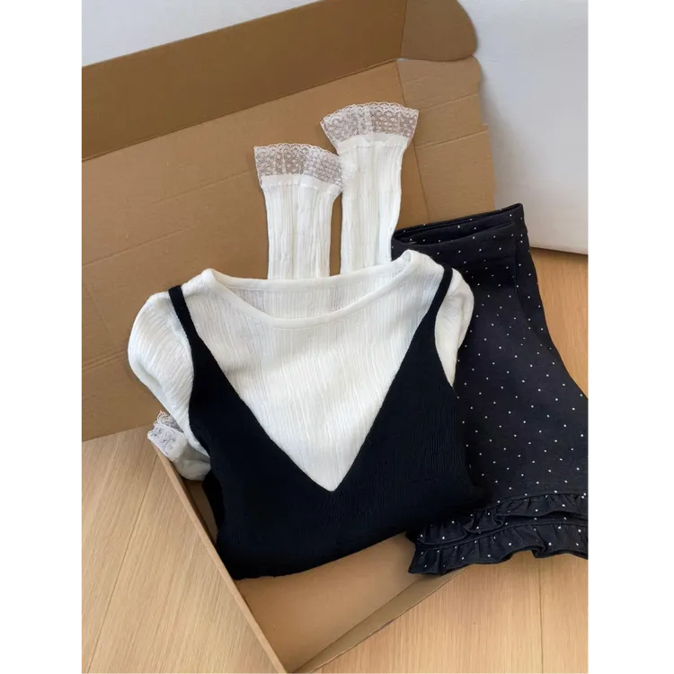 甜美蕾丝拼接针织两件套女秋冬新款小个子叠穿吊带背心高级感上衣