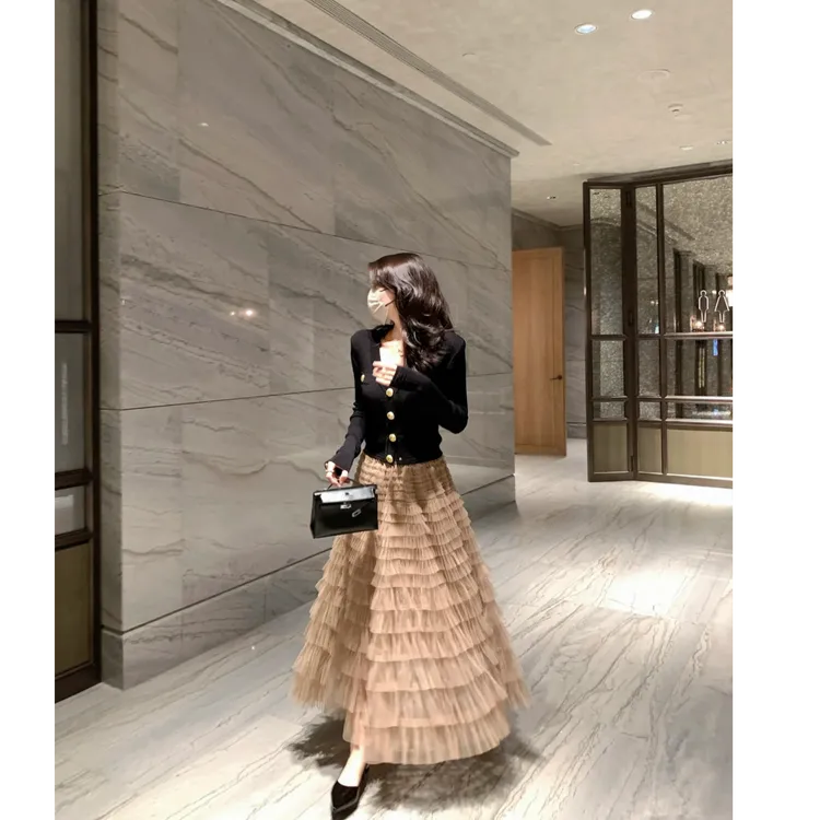 酒红色仙气层层网纱长款高腰显瘦蛋糕长裙女2025新款百褶纱长裙子