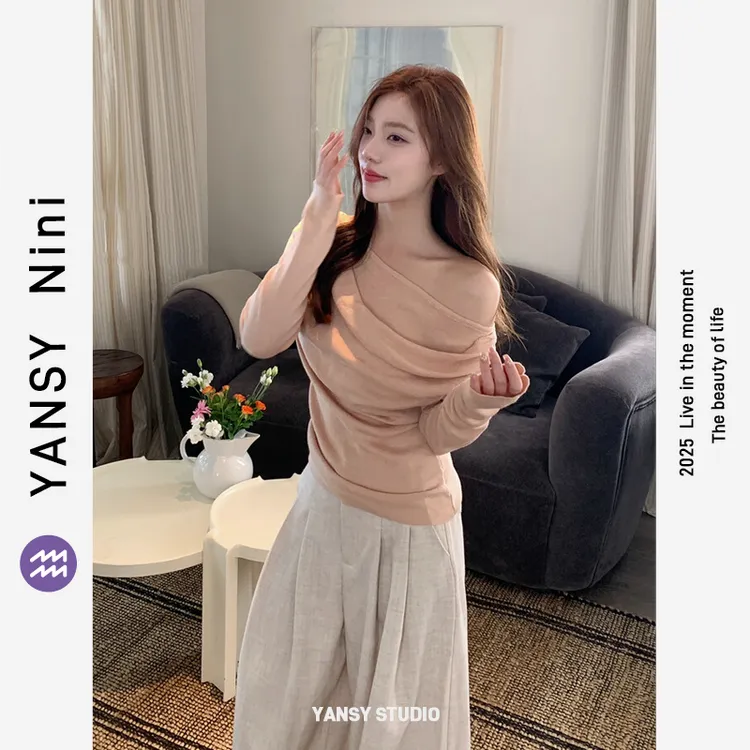 YANSY NiniLace邂逅温柔密码韩系露肩假两件荡领针织衫时尚高质感