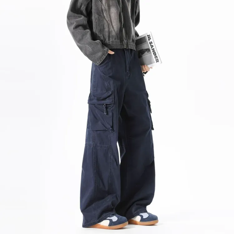 复古vintage立体口袋宽松直筒工装裤男女秋冬季法工蓝加厚休闲裤