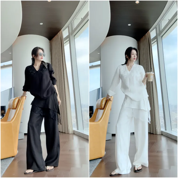 LAU+【围裙天丝麻裤】叠穿 围裙式休闲长裤 白色阔腿裤假两件