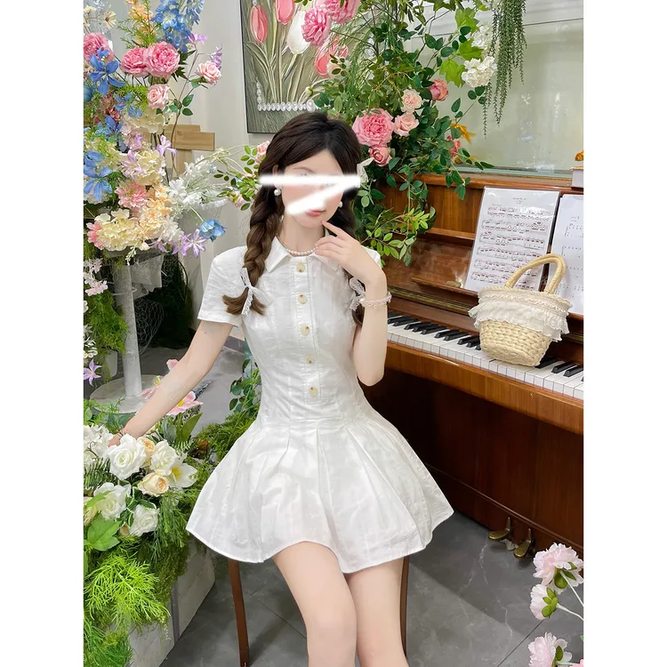 "风像个少女"全棉学院风竖纹肌理感衬衫连衣裙百褶裙子白色连衣裙
