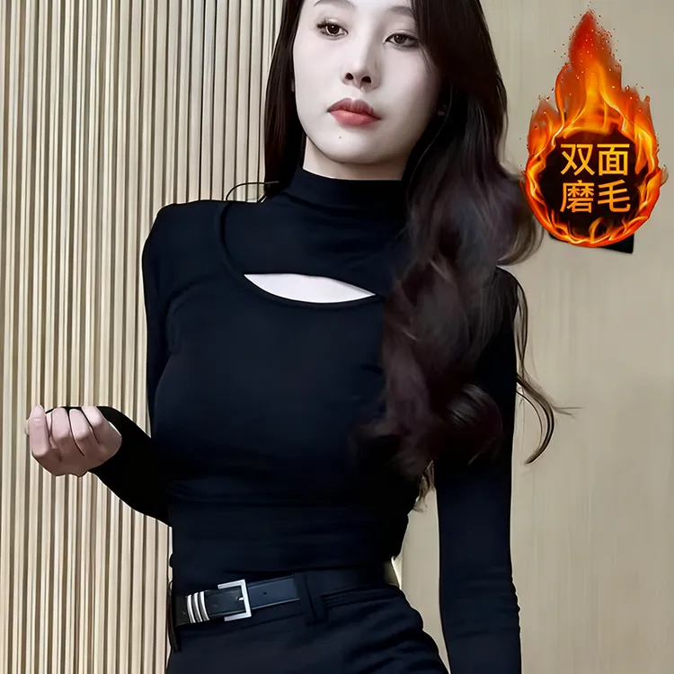 双面磨毛半高领镂空长袖t恤女新款小众别致上衣内搭打底衫秋冬暖