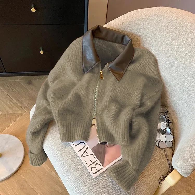 1030新款设计感双拉链翻领针织衫女胖MM休闲百搭短款显瘦毛衣外套