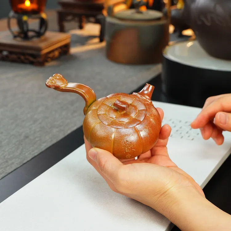 宜兴原矿紫砂壶精美茶壶 精工手工 段泥【如意南瓜侧把】90毫升