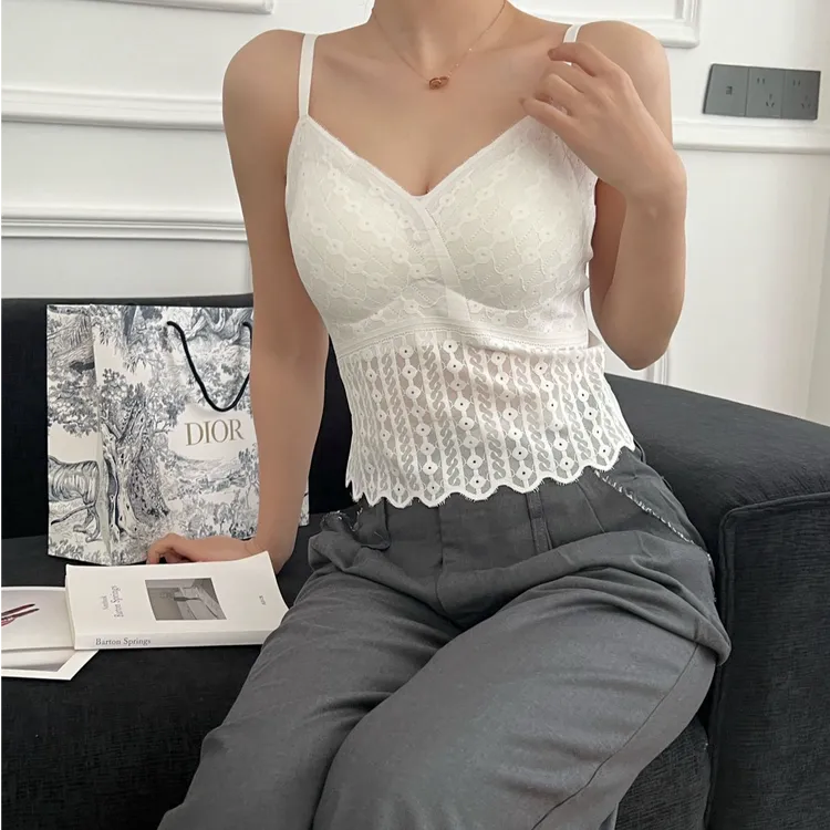 【琴姐高定】法式蕾丝固定杯长款美背修身型背心