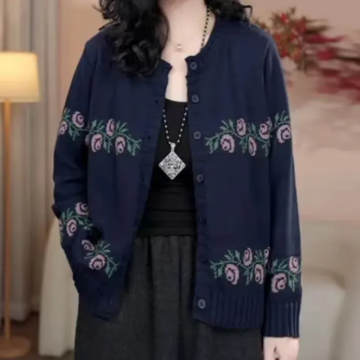 【品牌正品】棉线圆领花朵提花长袖针织开衫秋冬女士复古民族风外套