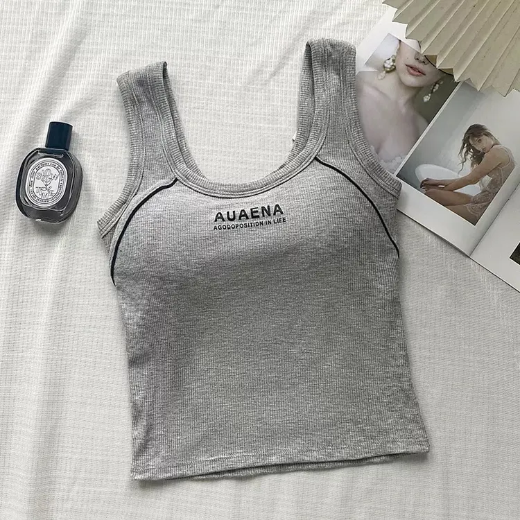 2025新款字母印花宽肩背心内衣女士带胸垫韩版百搭打底背心上